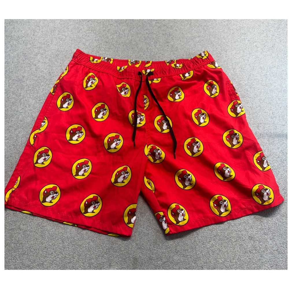 Buc-ee's Mens L Swim Trunks Red Beaver Logo Print Board Shorts Drawstring Vacay